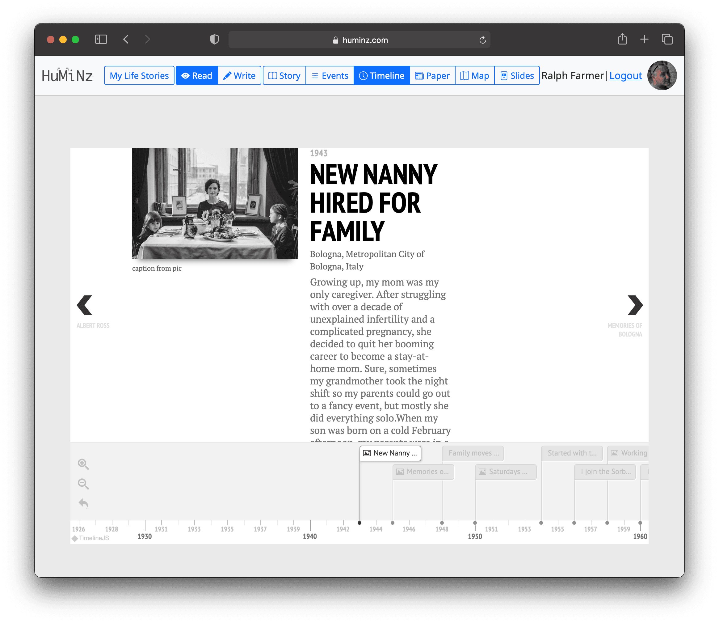 Huminz story in Timeline reading view